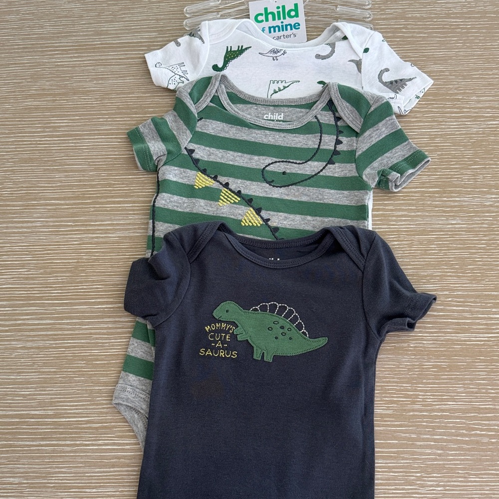 Carter's Child of Mine Baby Boy Dinosaur Bodysuit Trio - Green/White/Navy 12M - Picture 3 of 14